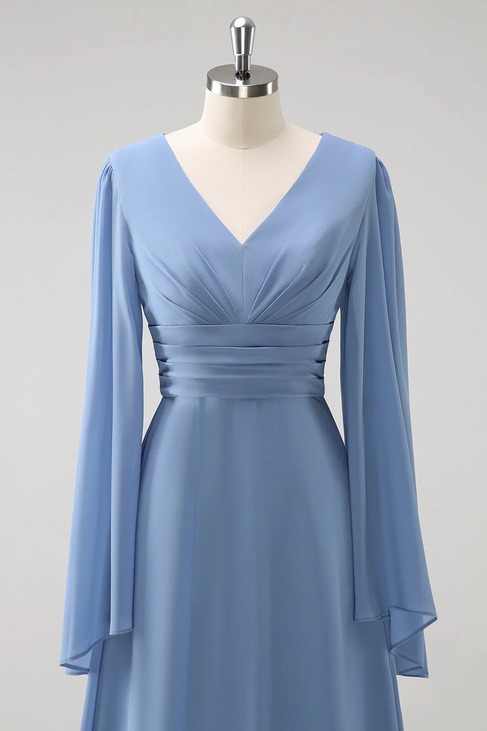 Gris Bleu Une Ligne Manches Longues Robe de demoiselle d’honneur en mousseline de soie avec fente - Image 4