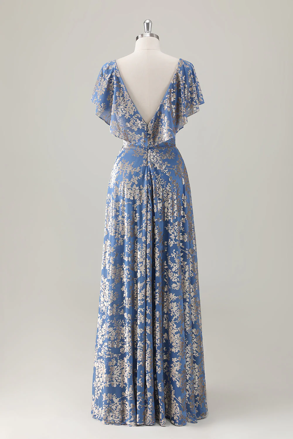 Gris Bleu V Col A-ligne Burnout Velours Floral Imprimé Robe de demoiselle d’honneur - Image 2