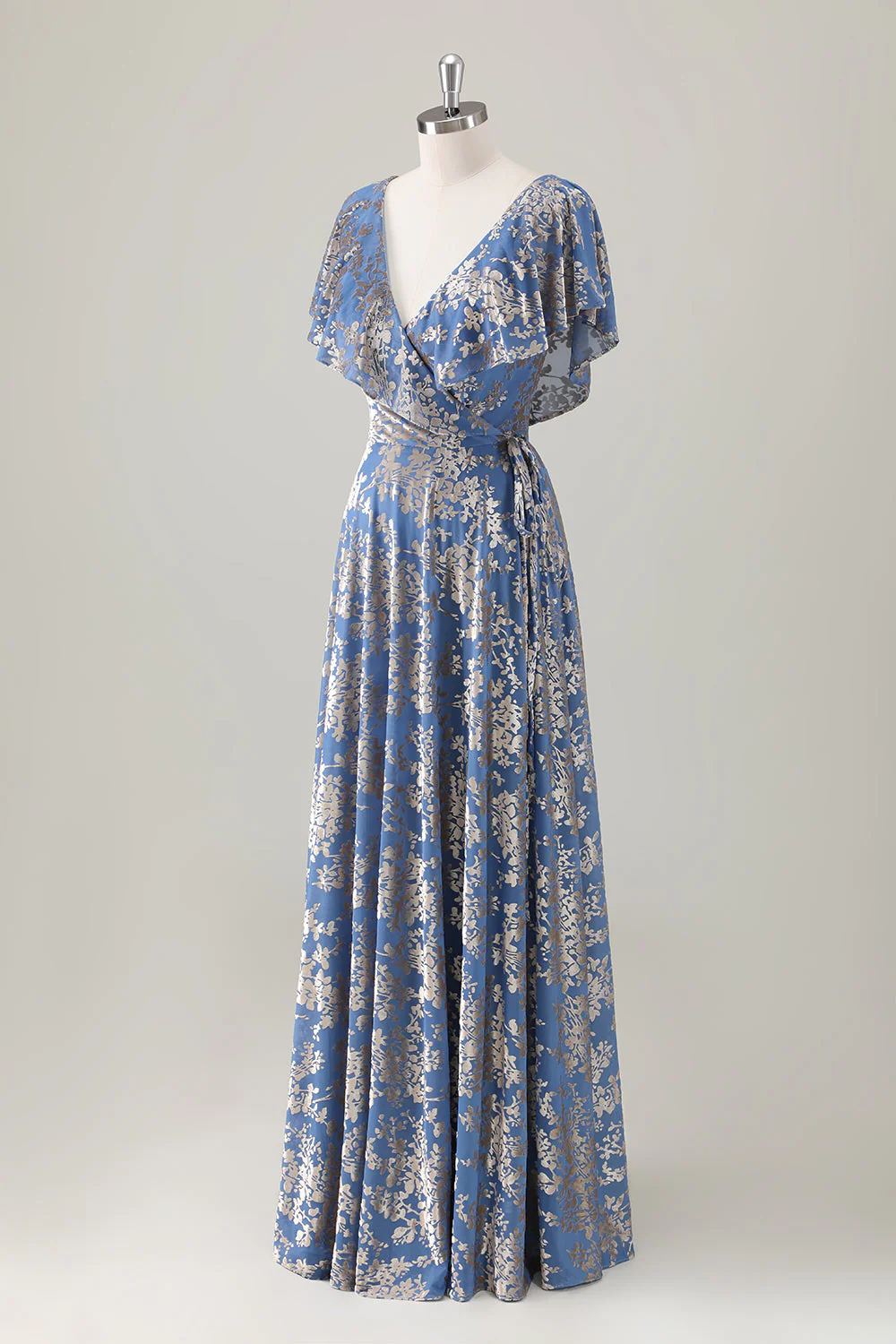 Gris Bleu V Col A-ligne Burnout Velours Floral Imprimé Robe de demoiselle d’honneur - Image 3