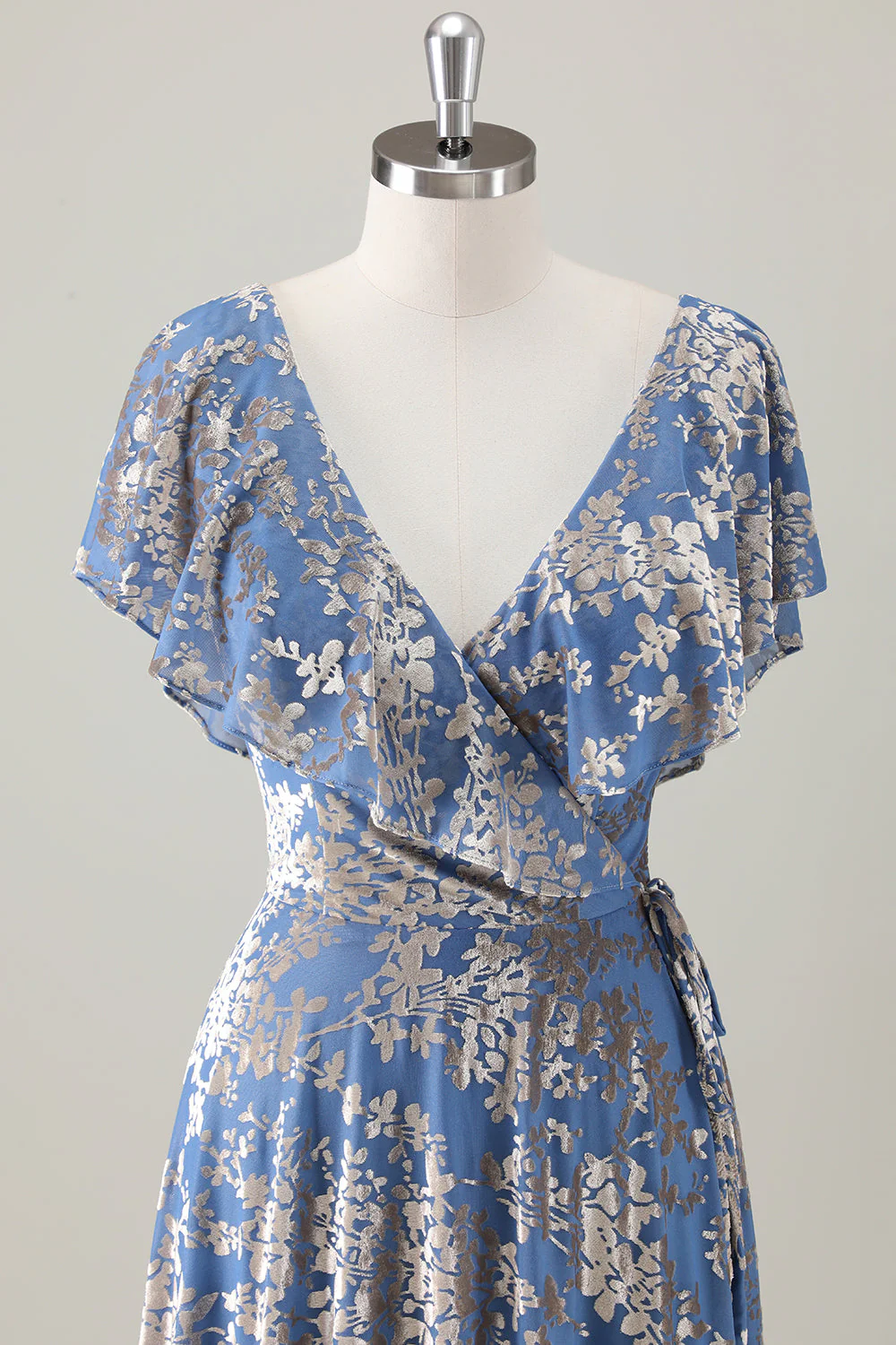 Gris Bleu V Col A-ligne Burnout Velours Floral Imprimé Robe de demoiselle d’honneur - Image 4