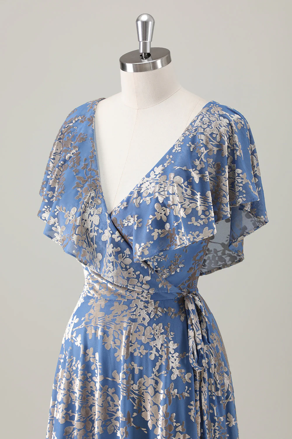 Gris Bleu V Col A-ligne Burnout Velours Floral Imprimé Robe de demoiselle d’honneur - Image 5