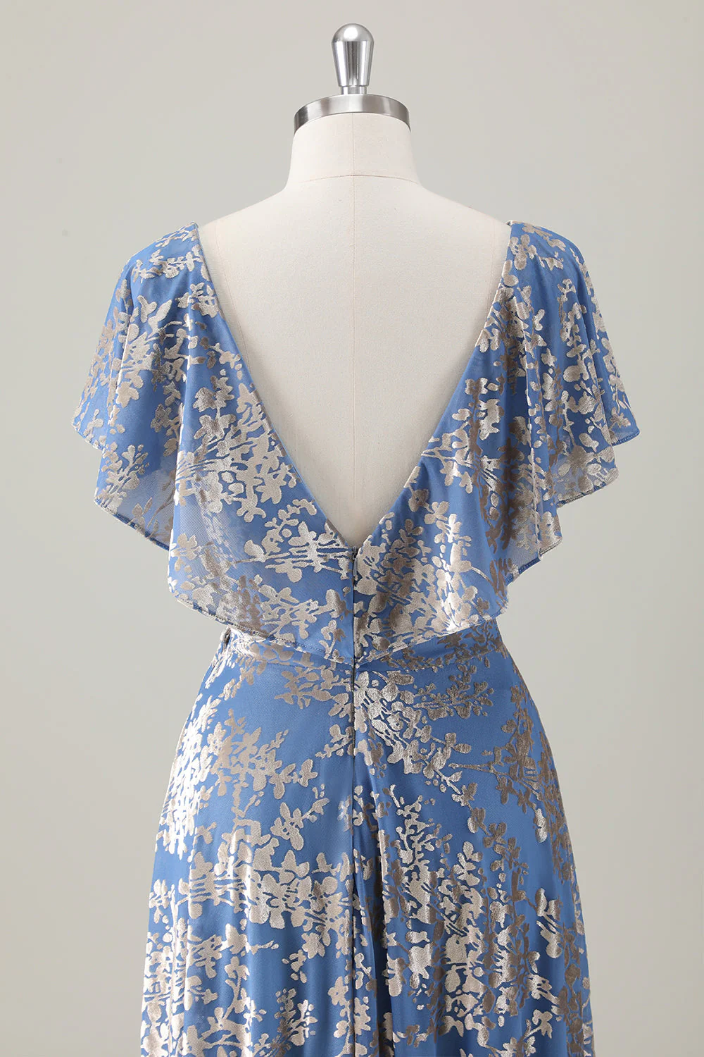 Gris Bleu V Col A-ligne Burnout Velours Floral Imprimé Robe de demoiselle d’honneur - Image 6