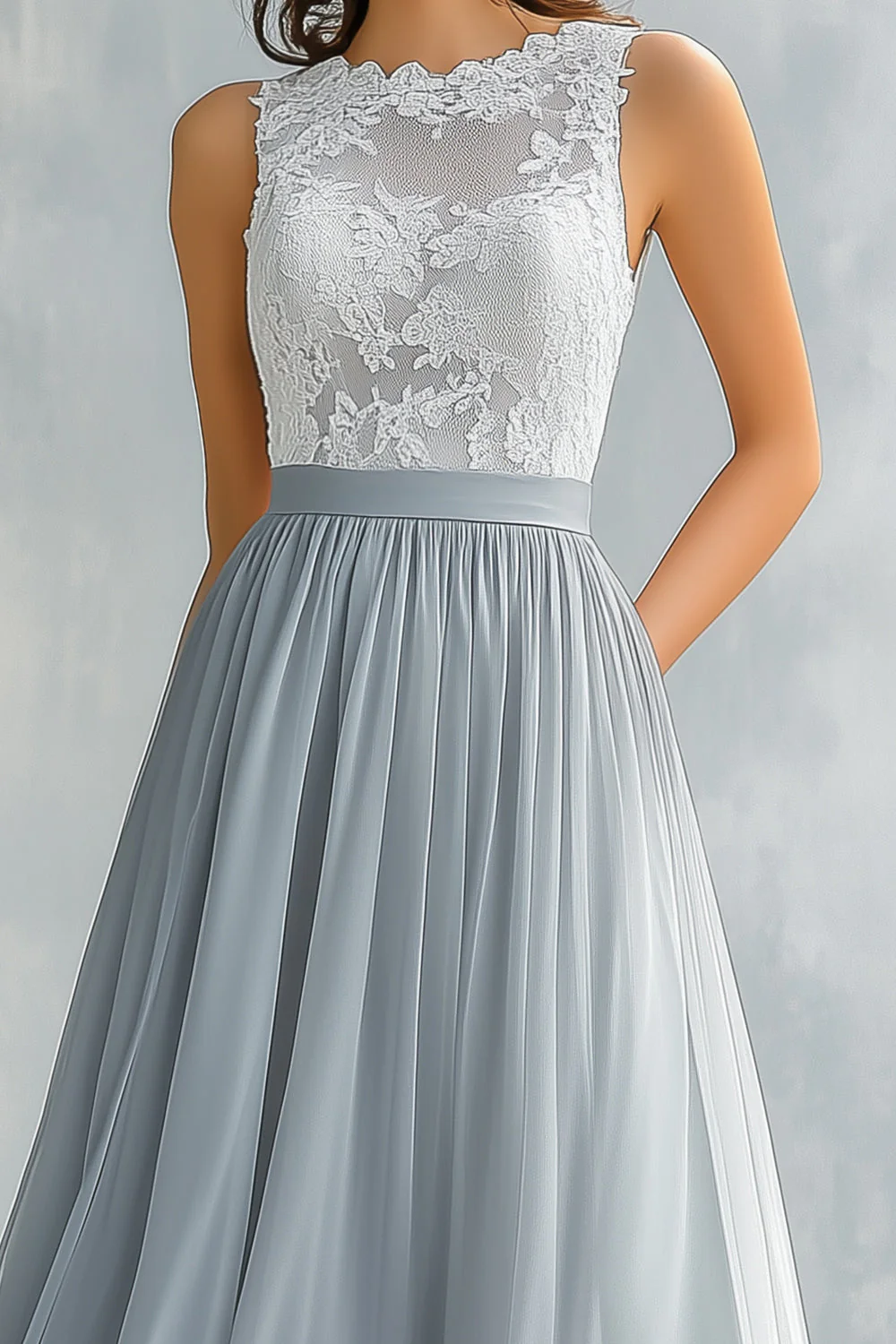Gris clair Une ligne dentelle Mousseline de soie Robe longue de demoiselle d’honneur - Image 2