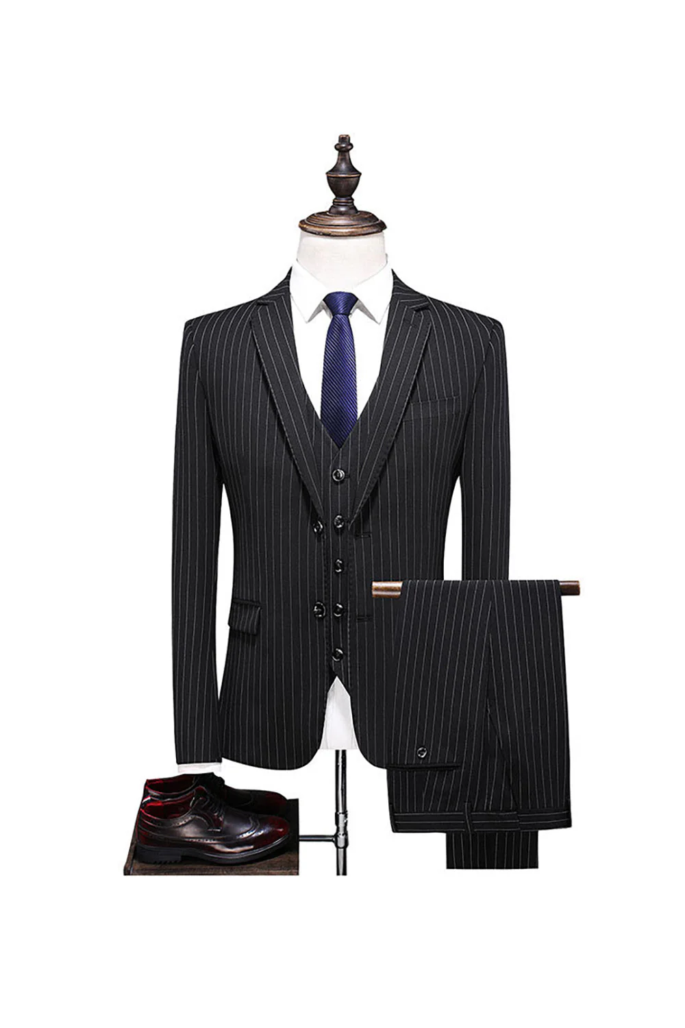 Gris Pinstripe Notched Lapel Homme 2 Pièces Costumes - Image 4