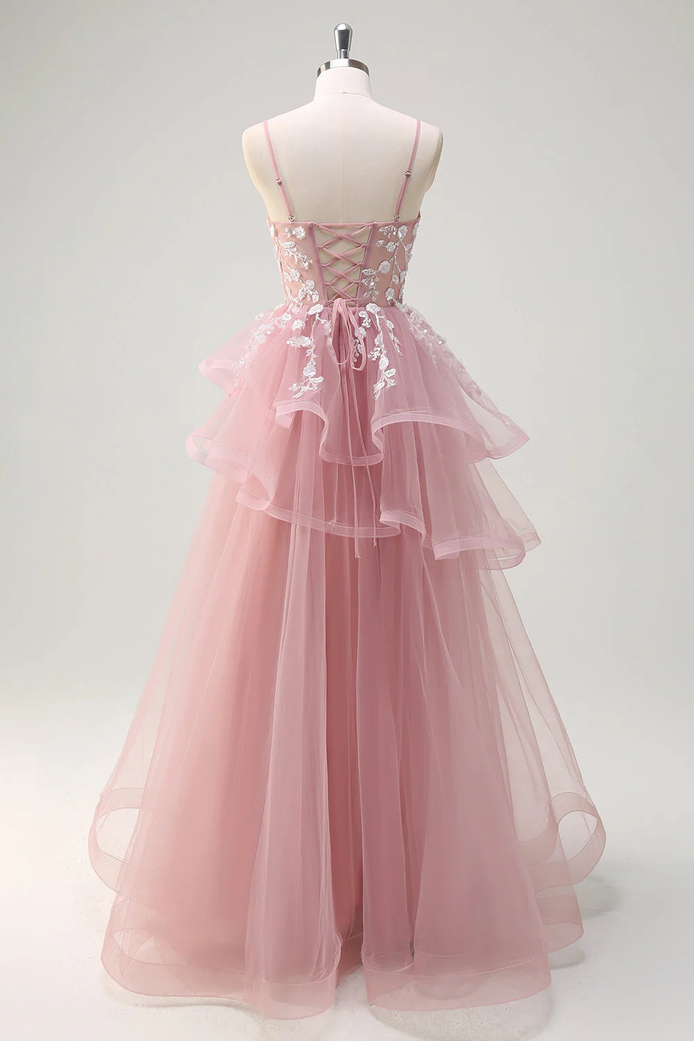 Gris Rose A-ligne Spirale Volants Niveaux Long Corset Robe de Soirée avec Appliques - Image 2
