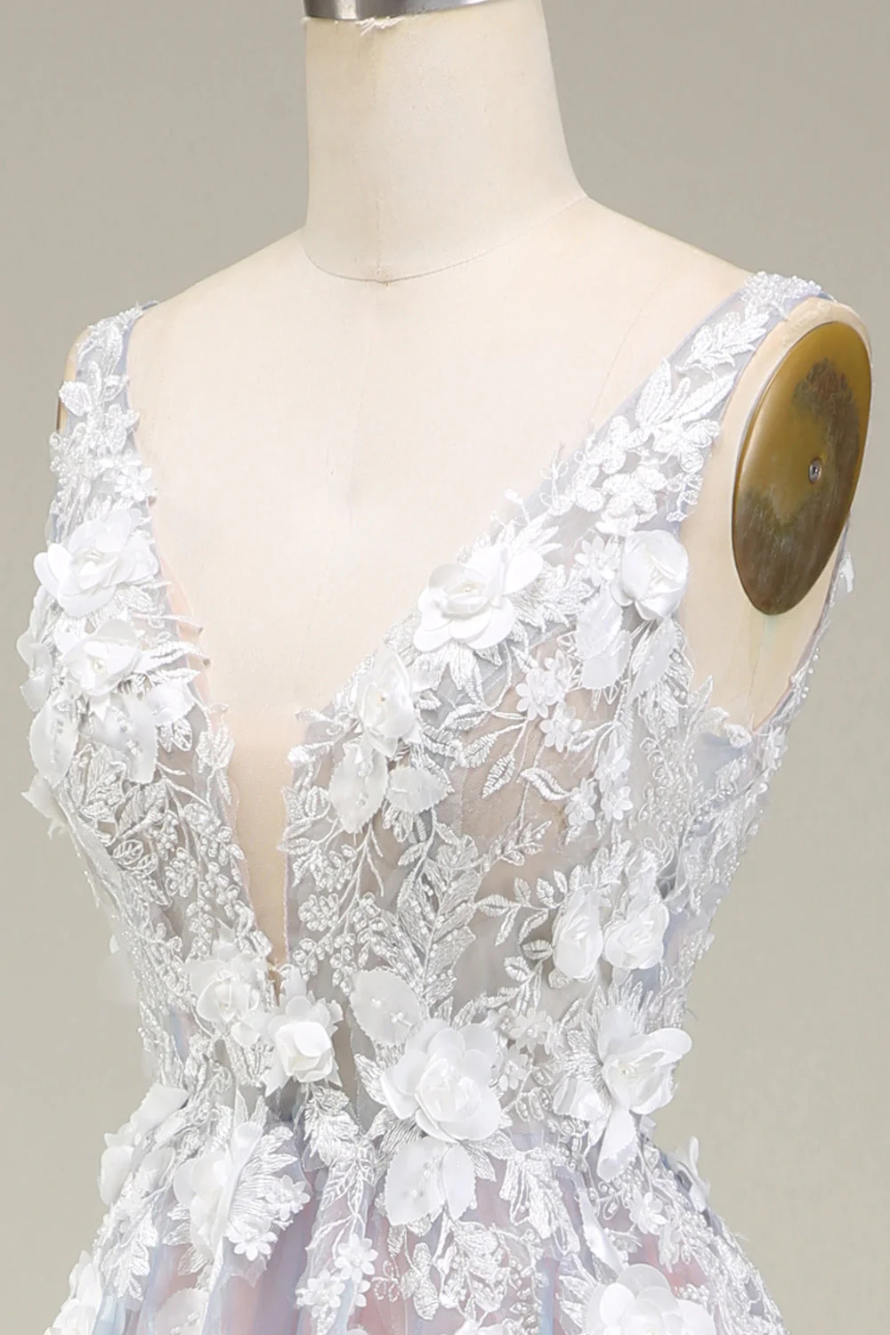Gris Rose Une Ligne Profond Col V Longue Robe De soirée Avec Appliques - Image 12