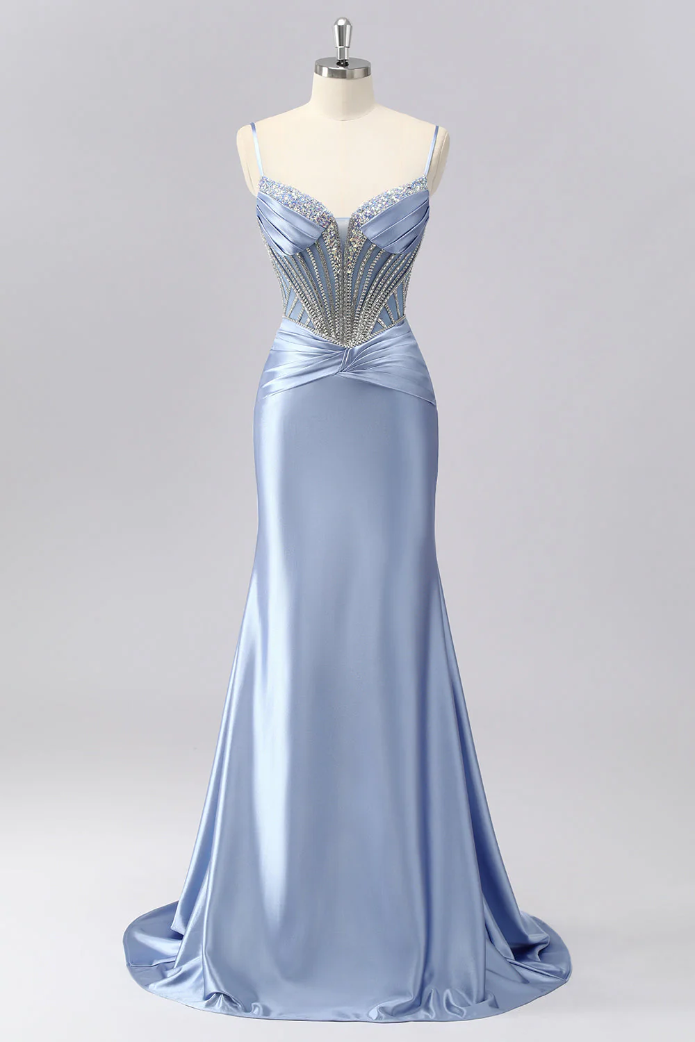 Gris scintillant bleu spaghetti bretelles sirène robe de bal en satin avec strass