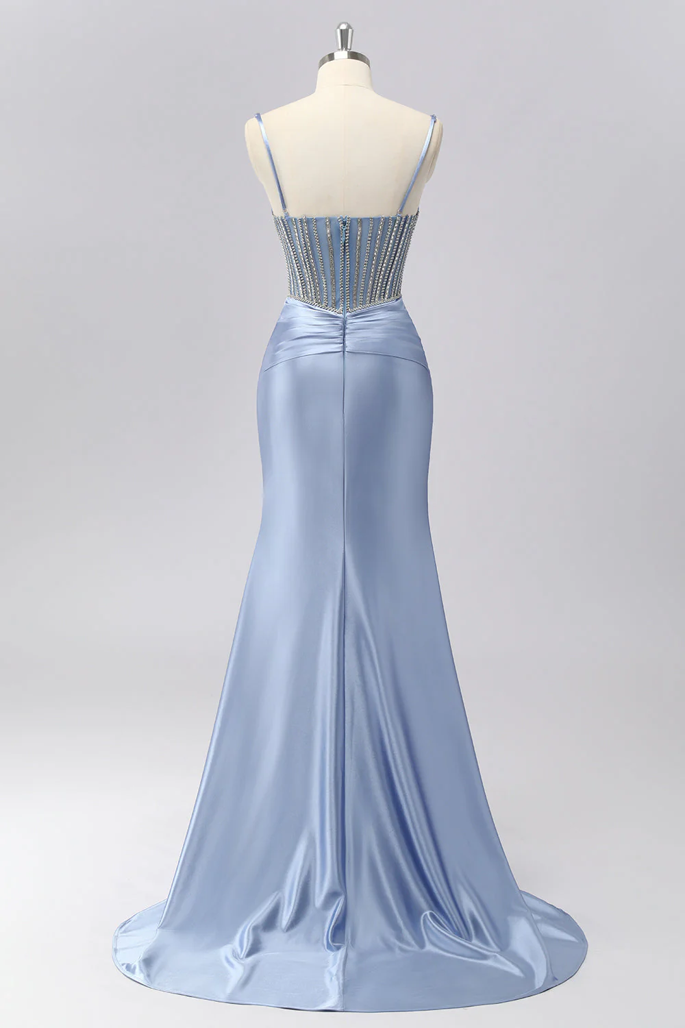 Gris scintillant bleu spaghetti bretelles sirène robe de bal en satin avec strass - Image 2