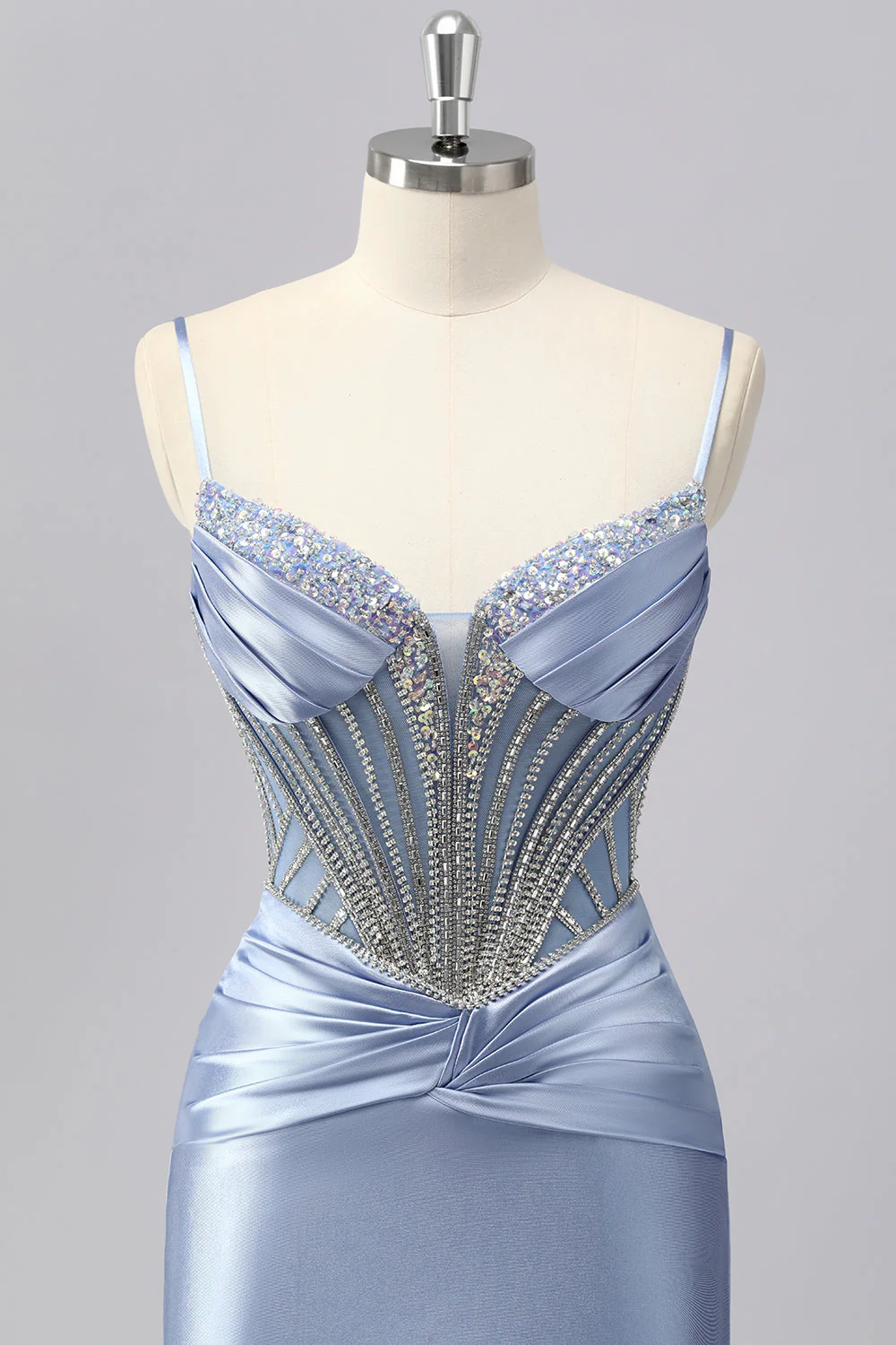 Gris scintillant bleu spaghetti bretelles sirène robe de bal en satin avec strass - Image 6