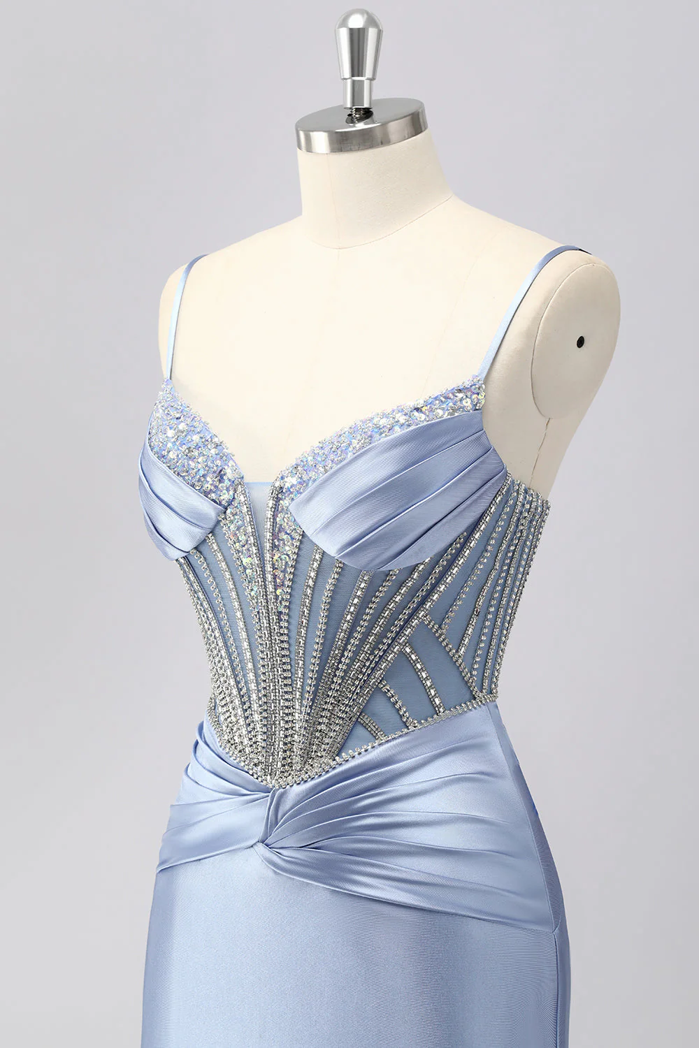 Gris scintillant bleu spaghetti bretelles sirène robe de bal en satin avec strass - Image 8