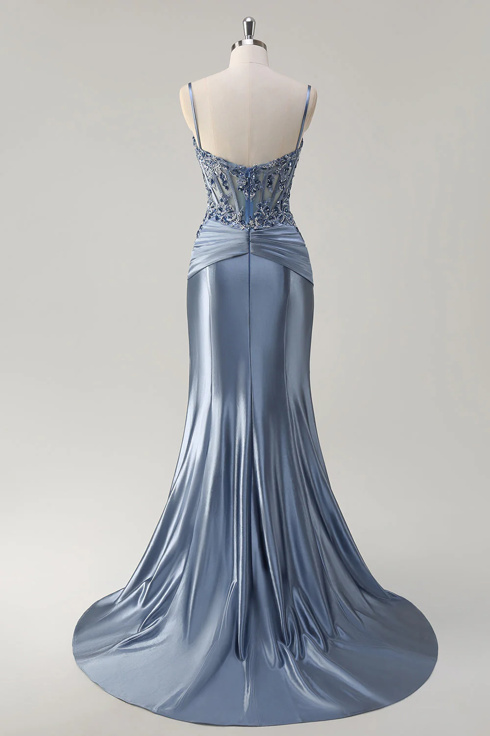 Robe de soirée longue grise scintillante à bretelles spaghetti et corset avec appliques - Image 2