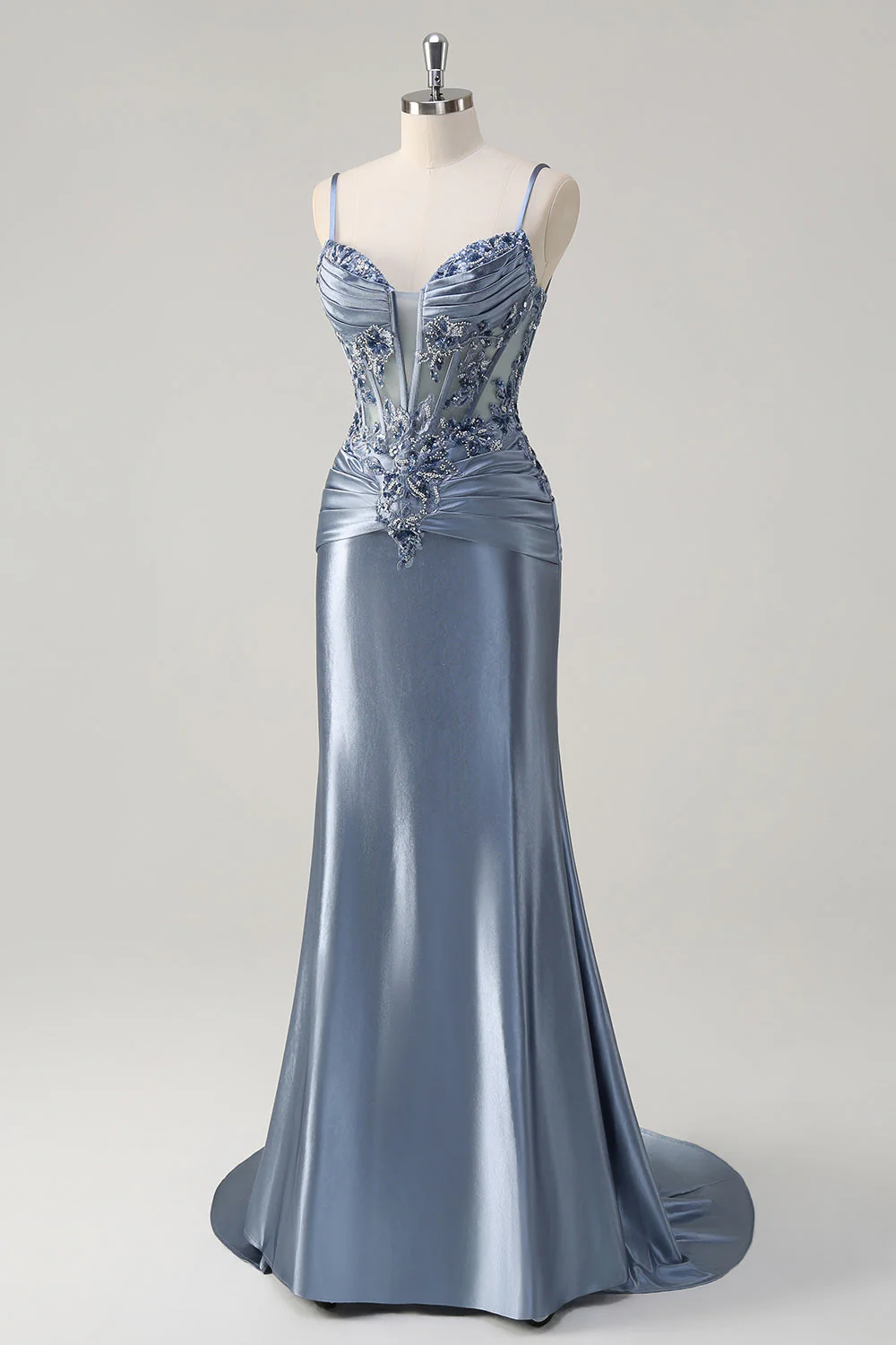 Robe de soirée longue grise scintillante à bretelles spaghetti et corset avec appliques - Image 4