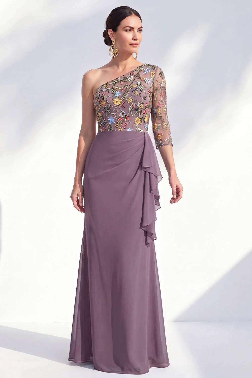 Gris sirène Violet à une épaule à fleurs, longue robe de mère de la mariée