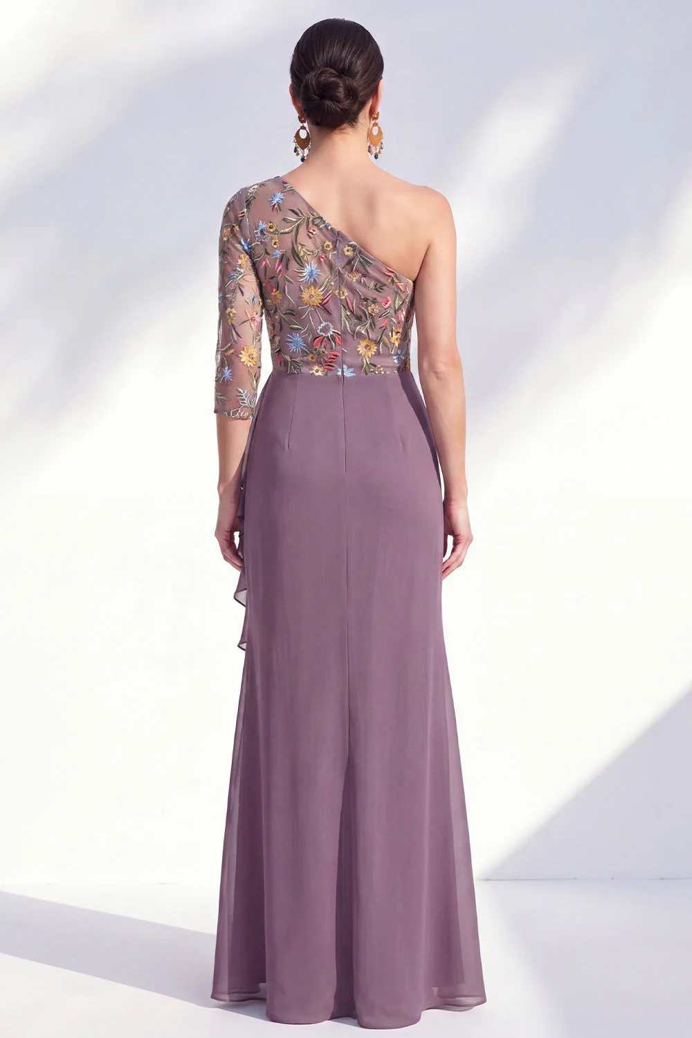 Gris sirène Violet à une épaule à fleurs, longue robe de mère de la mariée - Image 2