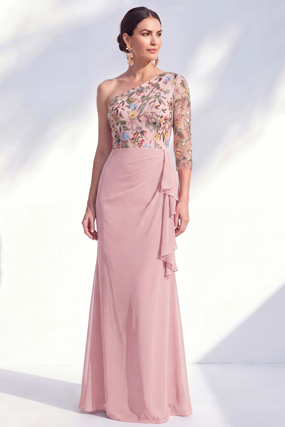 Gris sirène Violet à une épaule à fleurs, longue robe de mère de la mariée - Image 5