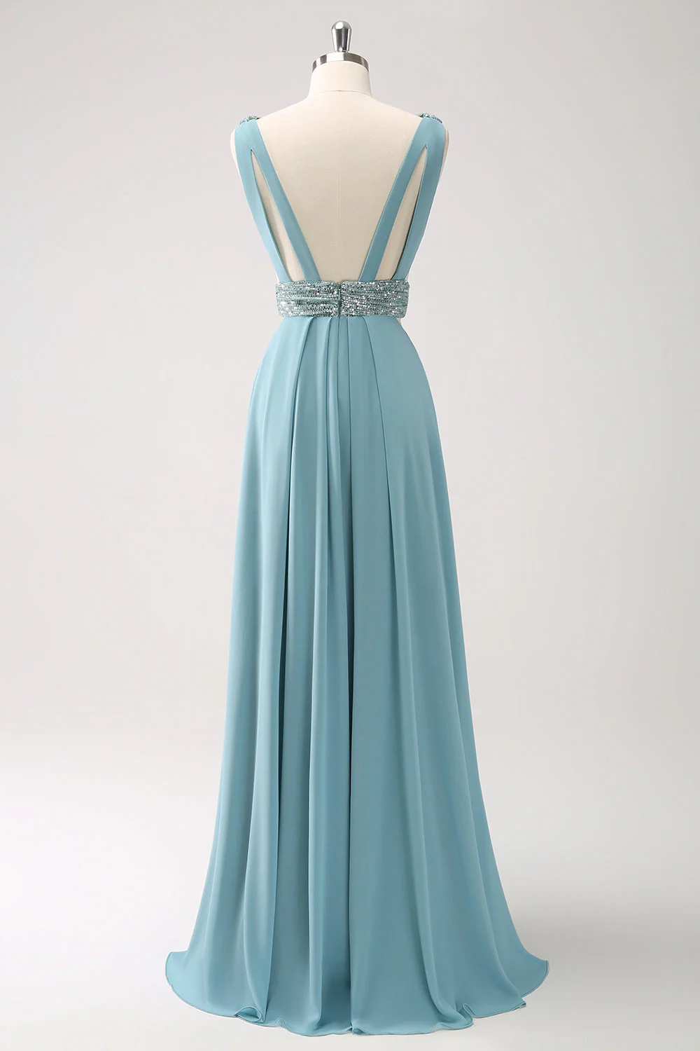 Gris vert col V trapèze paillettes mousseline de soie longue robe de demoiselle d’honneur - Image 2