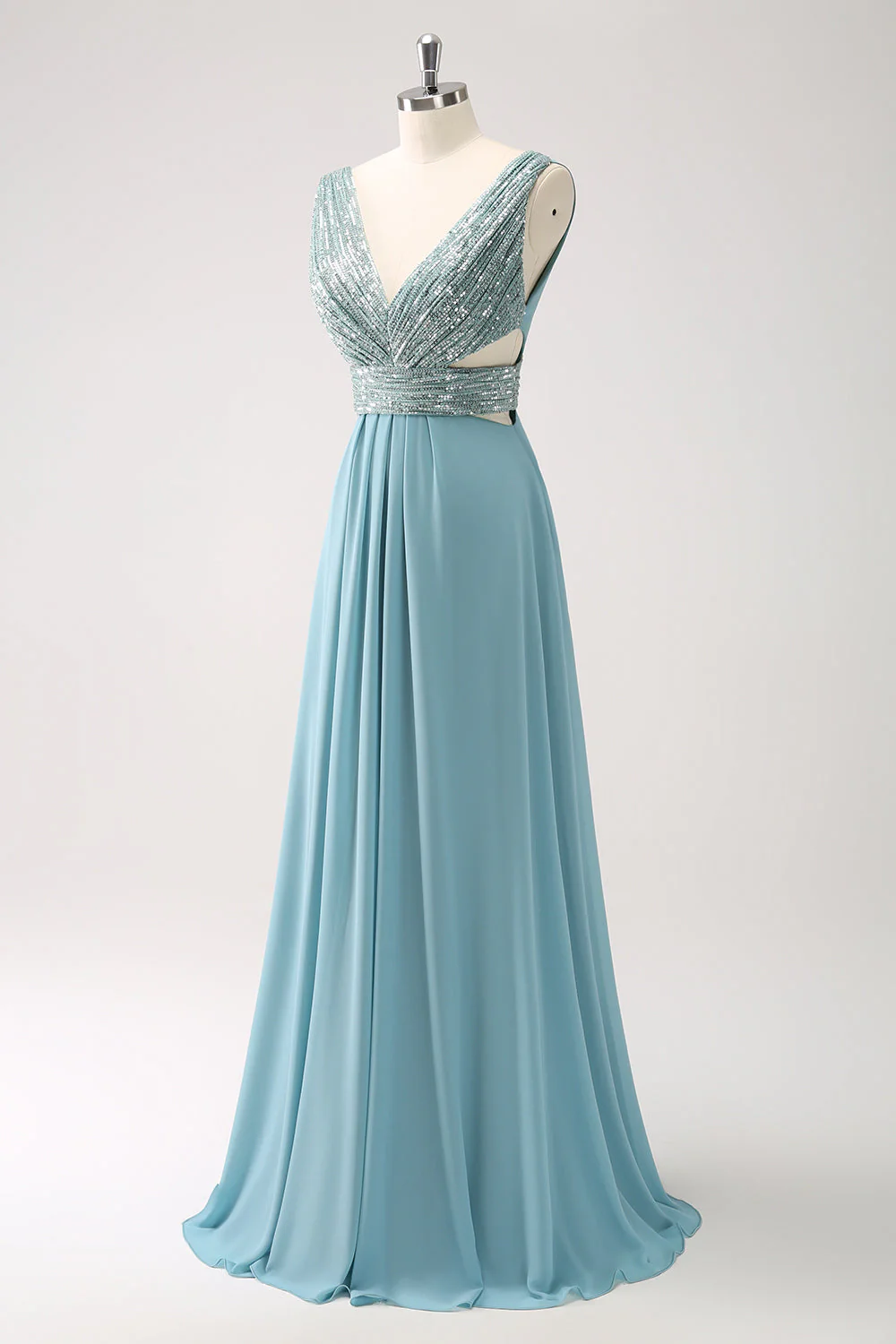 Gris vert col V trapèze paillettes mousseline de soie longue robe de demoiselle d’honneur - Image 3