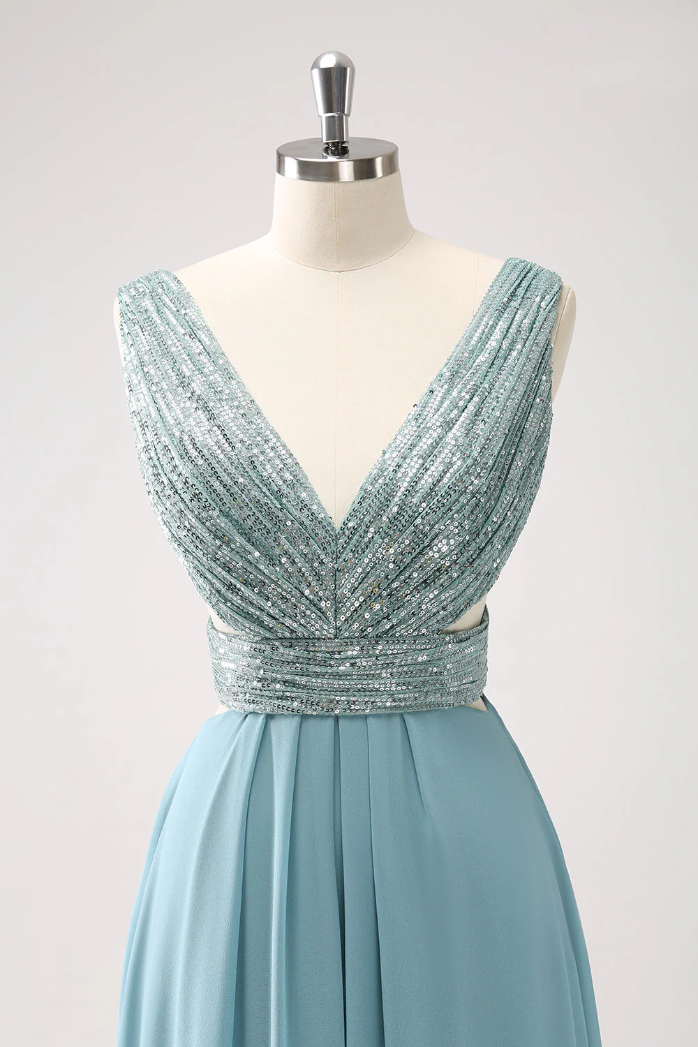 Gris vert col V trapèze paillettes mousseline de soie longue robe de demoiselle d’honneur - Image 4