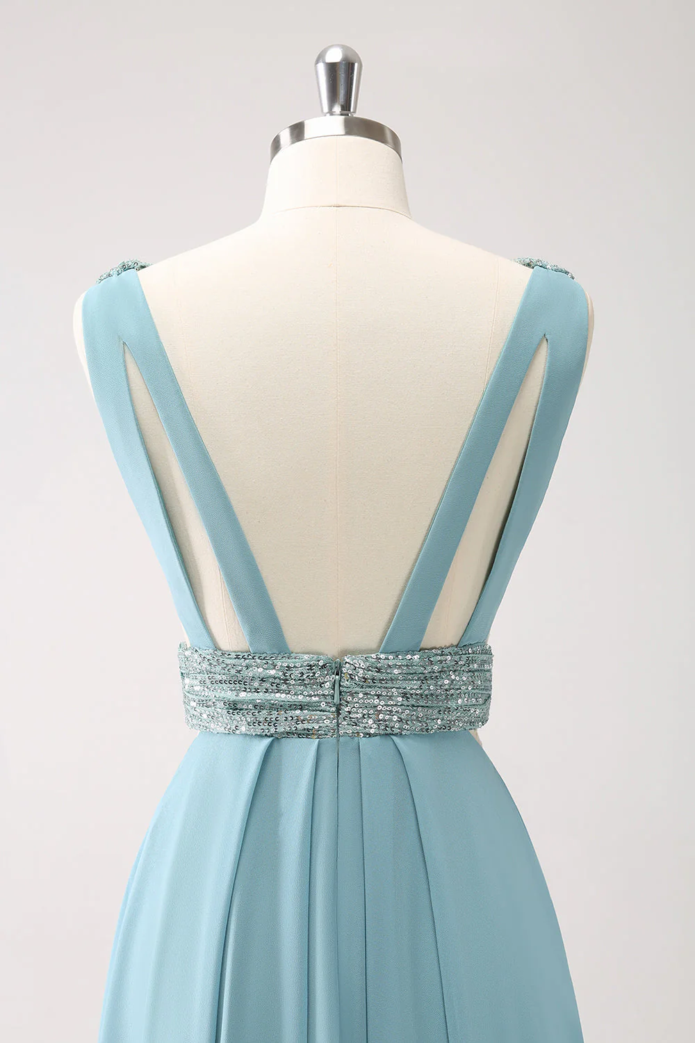 Gris vert col V trapèze paillettes mousseline de soie longue robe de demoiselle d’honneur - Image 5
