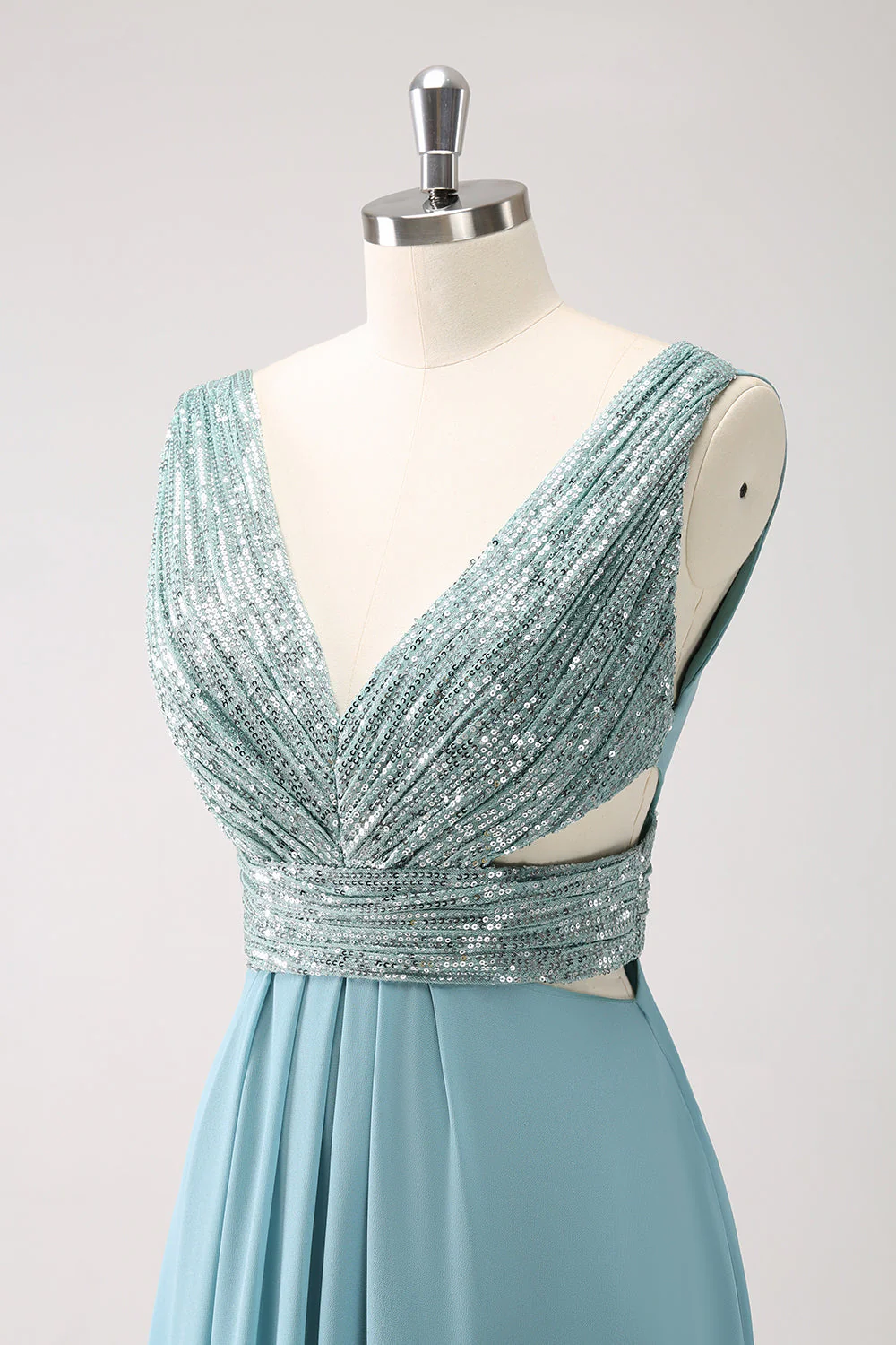 Gris vert col V trapèze paillettes mousseline de soie longue robe de demoiselle d’honneur - Image 6