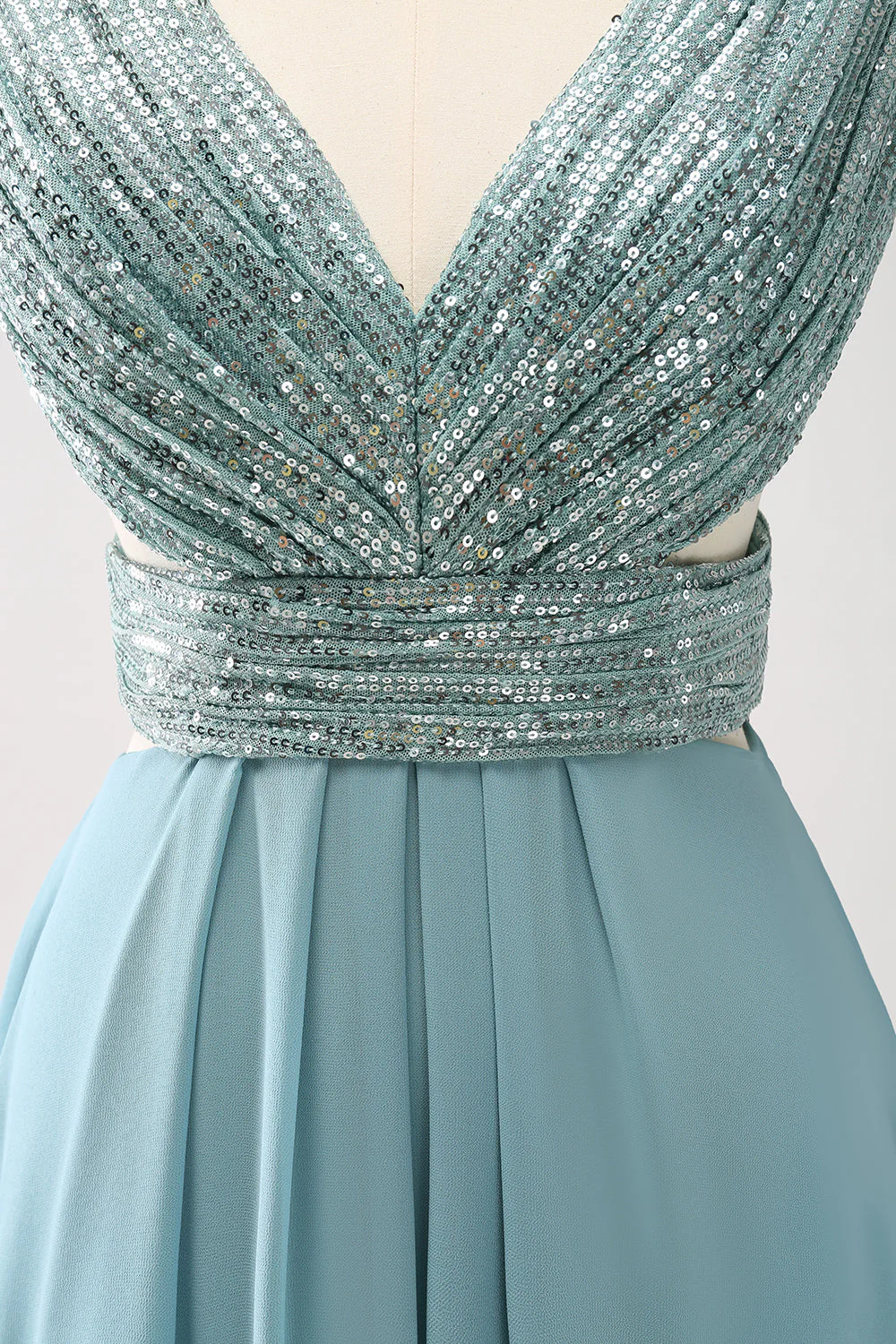 Gris vert col V trapèze paillettes mousseline de soie longue robe de demoiselle d’honneur - Image 7
