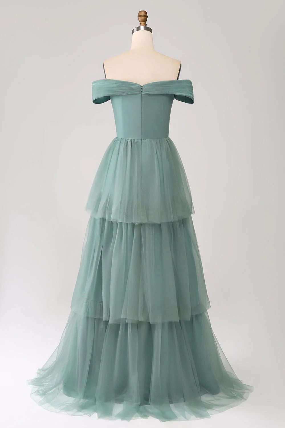 Gris vert une ligne hors de l’épaule à plusieurs niveaux Tulle robe de soirée - Image 2