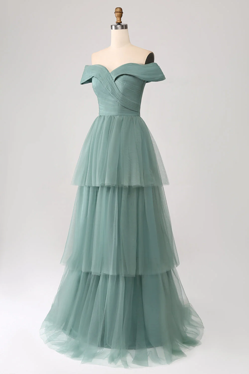 Gris vert une ligne hors de l’épaule à plusieurs niveaux Tulle robe de soirée - Image 3