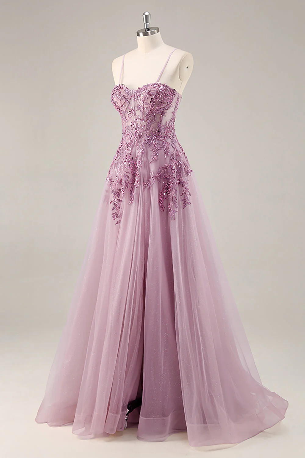 Gris violet perlé Corset Applique Robe De Soirée longue avec fente - Image 3