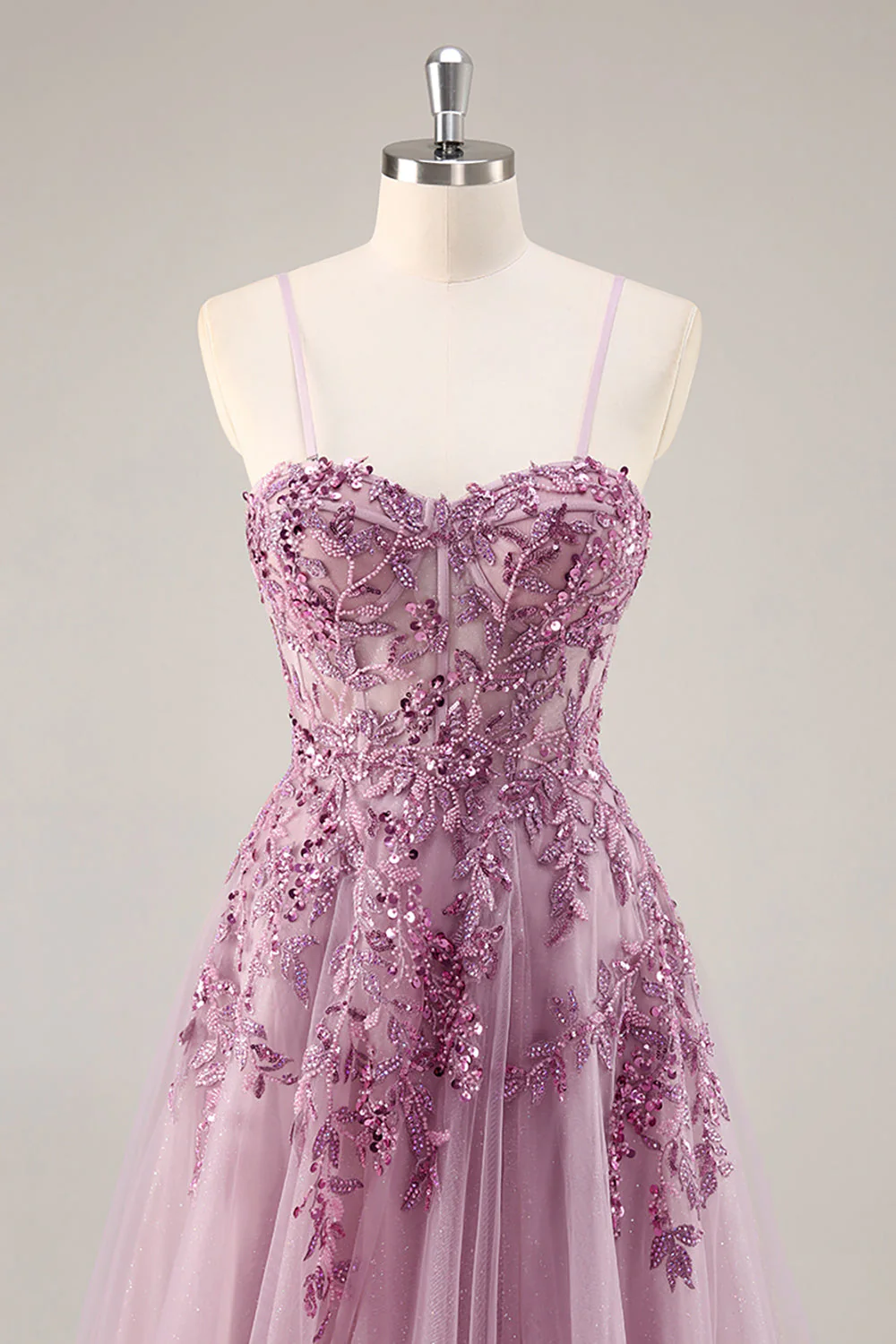 Gris violet perlé Corset Applique Robe De Soirée longue avec fente - Image 4