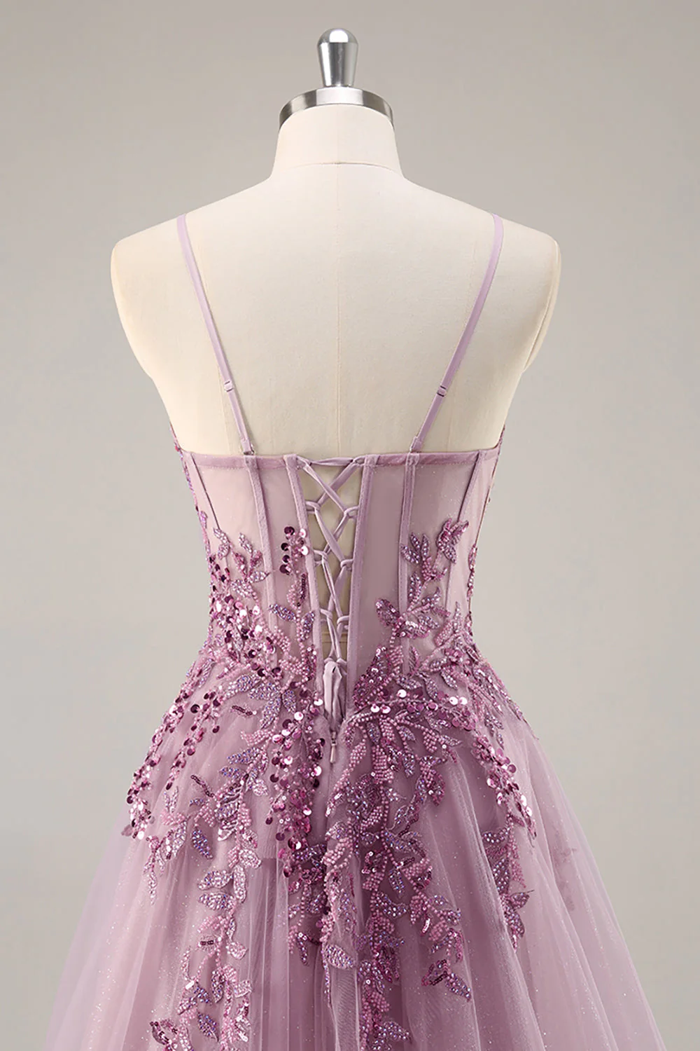 Gris violet perlé Corset Applique Robe De Soirée longue avec fente - Image 5