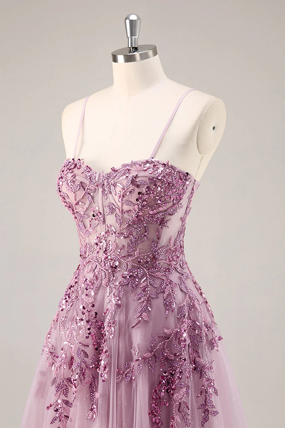 Gris violet perlé Corset Applique Robe De Soirée longue avec fente - Image 6