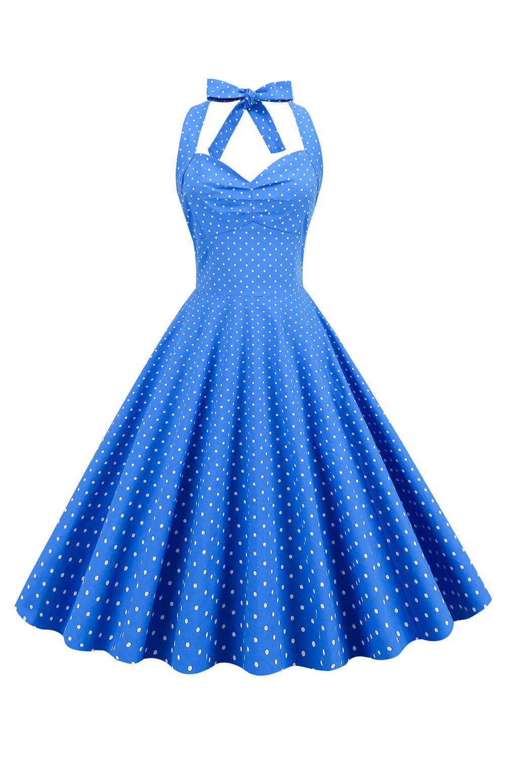 Halter Neck Blue Polka Dots Robe Vintage avec Backless