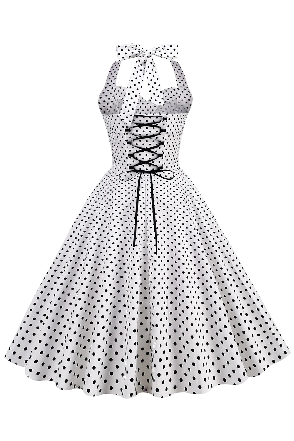 Halter Neck Blue Polka Dots Robe Vintage avec Backless - Image 10