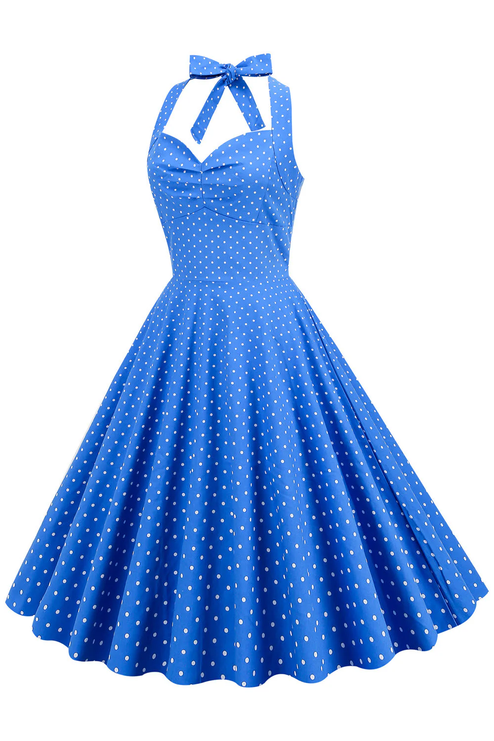 Halter Neck Blue Polka Dots Robe Vintage avec Backless - Image 3