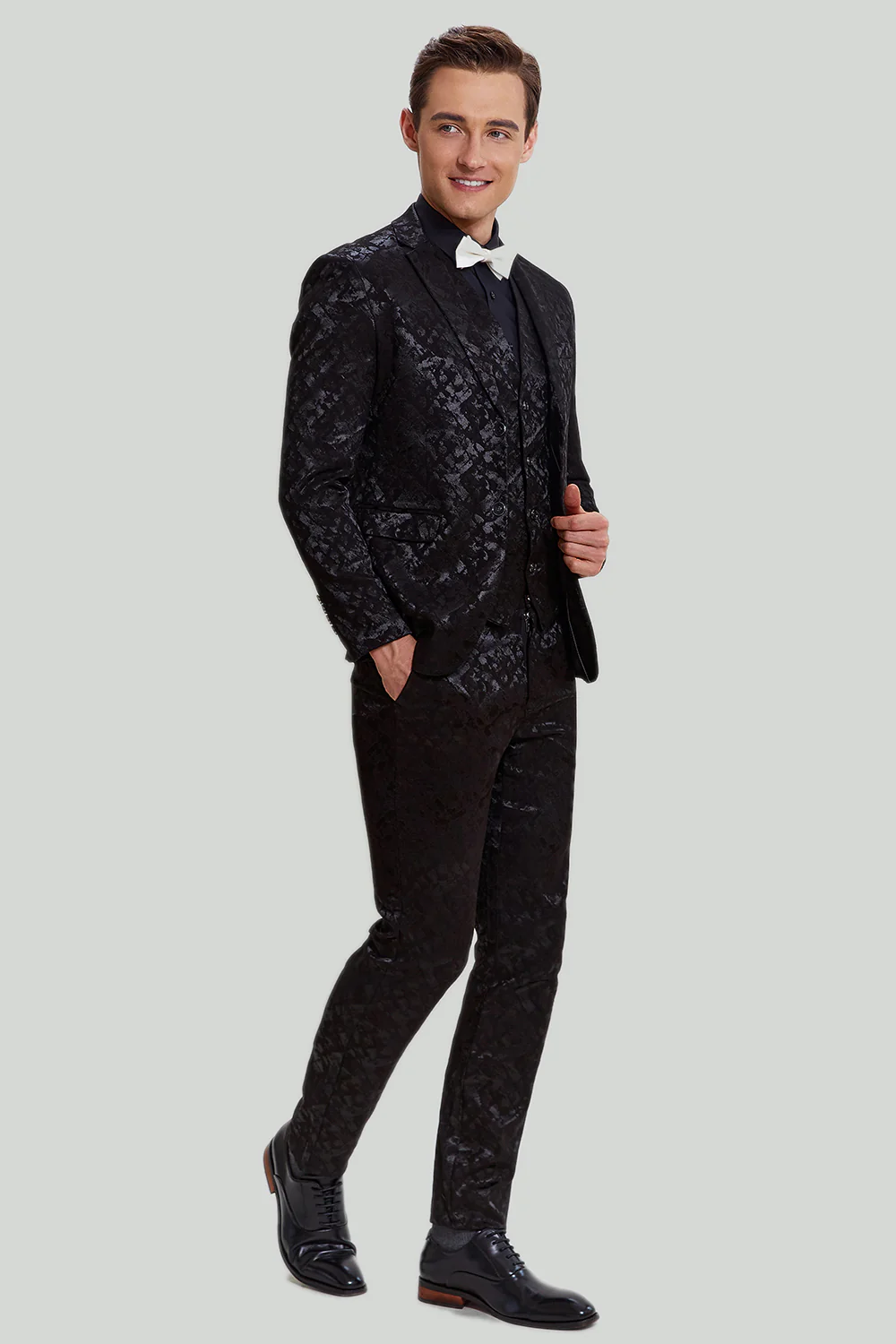 Homme Noir 3 pièces Jacquard Veste Pantalon Costume - Image 3