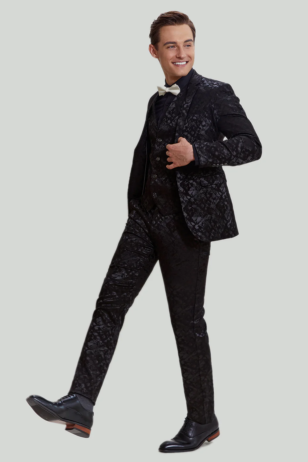 Homme Noir 3 pièces Jacquard Veste Pantalon Costume - Image 4