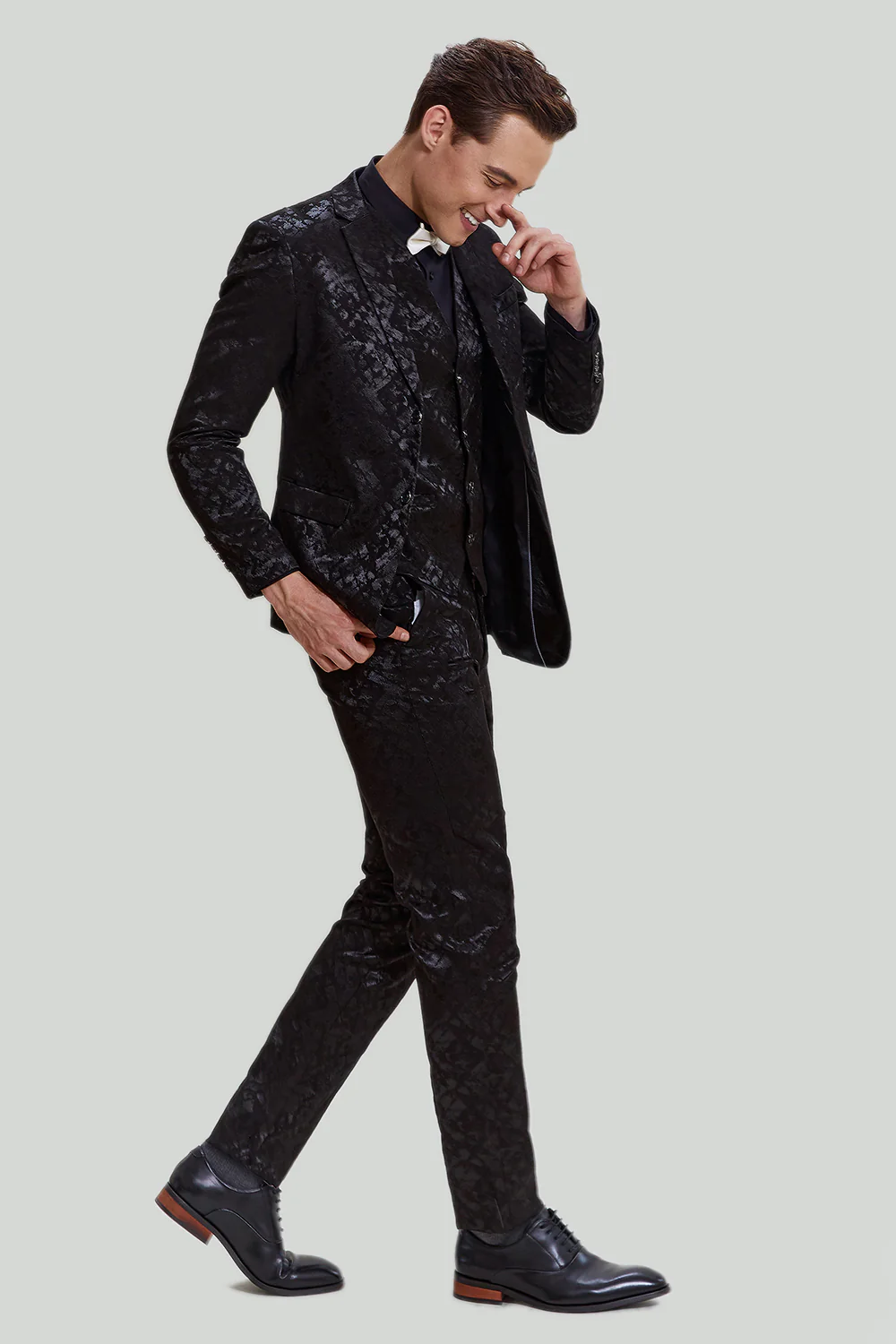 Homme Noir 3 pièces Jacquard Veste Pantalon Costume - Image 5