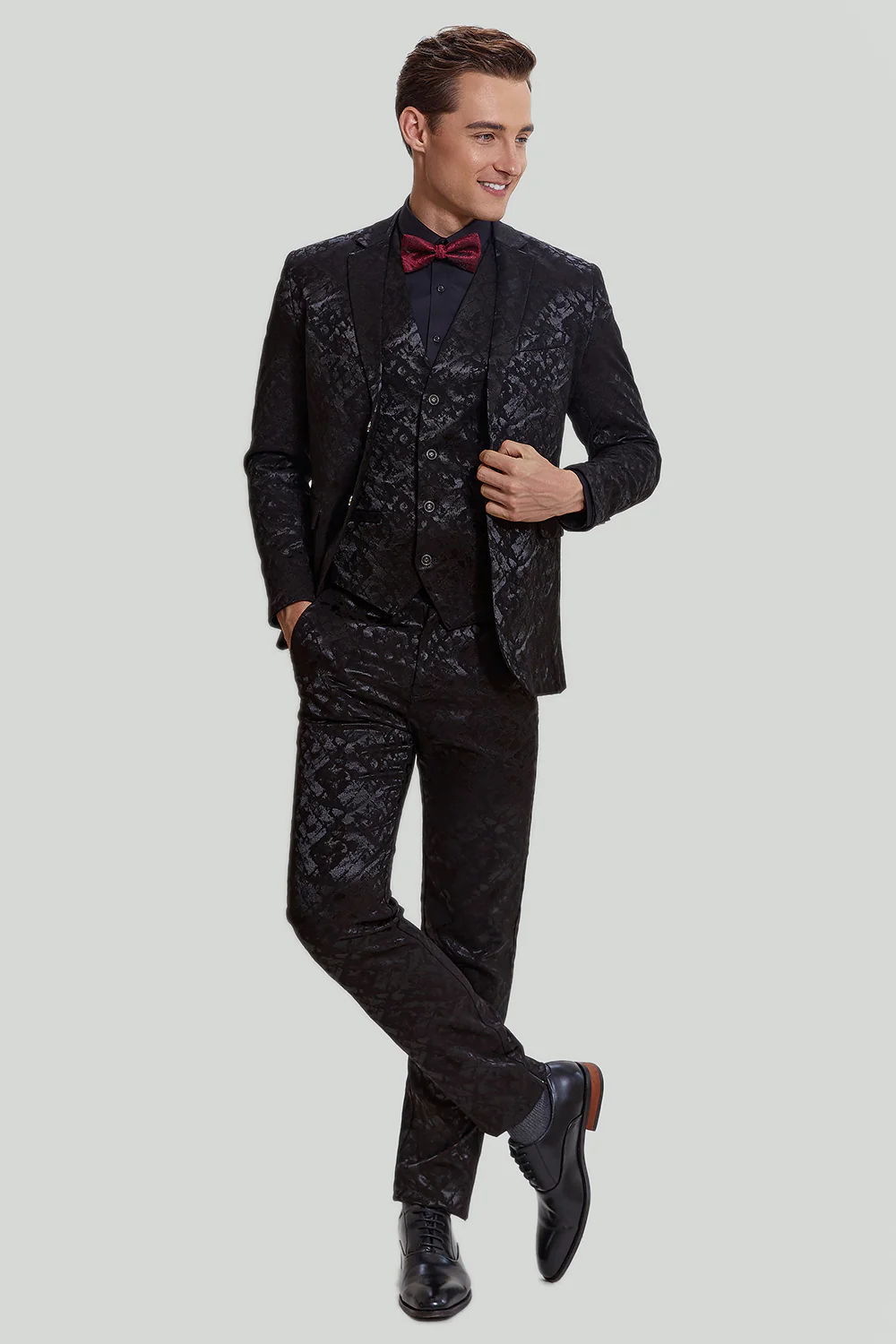 Homme Noir 3 pièces Jacquard Veste Pantalon Costume - Image 6