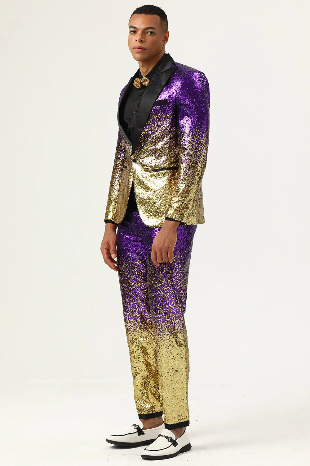 Hommes 2 pièces Ombre Sequins Purple Slim Fit Notched Revers Prom Suits - Image 3
