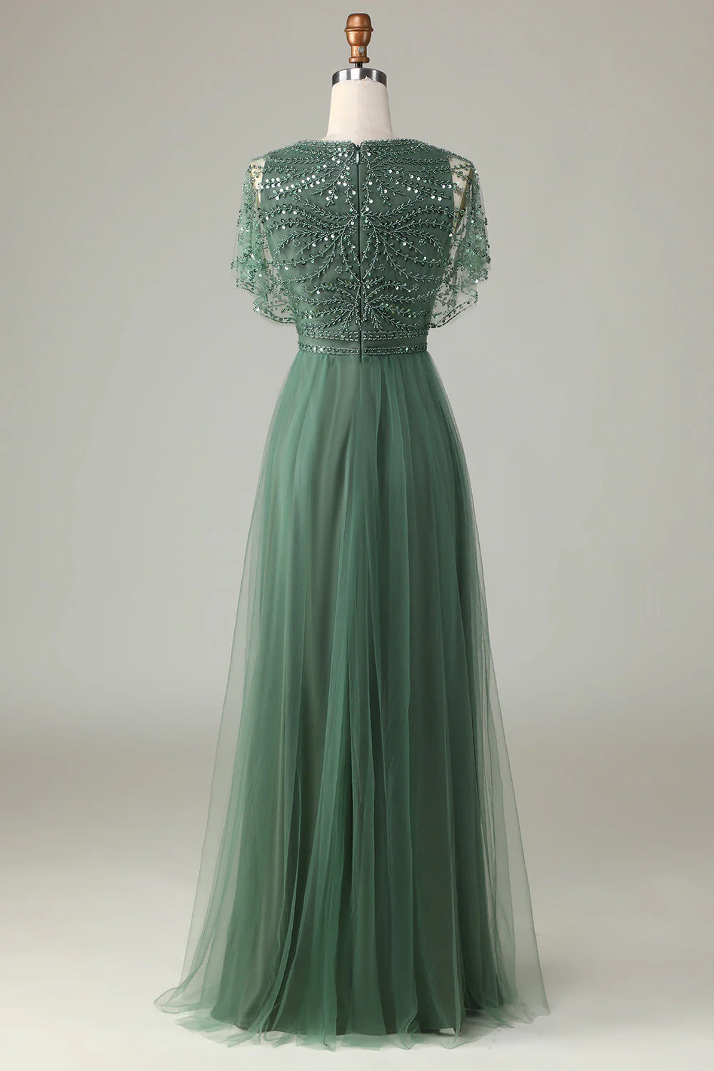 Robe de demoiselle d’honneur trapèze en tulle eucalyptus ornée de paillettes et de perles - Image 2