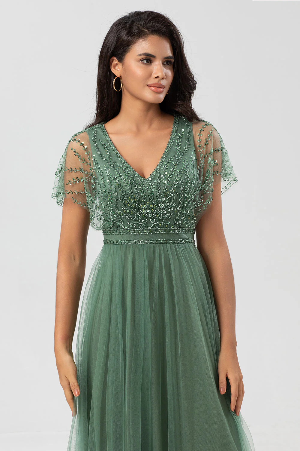 Robe de demoiselle d'honneur trapèze en tulle eucalyptus à paillettes et perles - Image 8