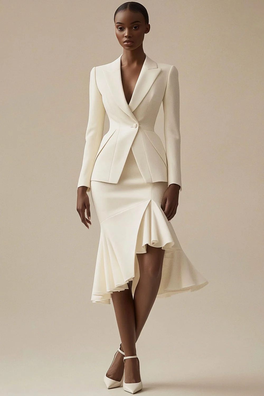 Tenue professionnelle ivoire 2 pièces robe midi à revers pointu avec volants