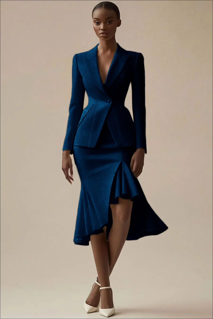 Tenue professionnelle ivoire 2 pièces robe midi à revers pointu avec volants - Image 7
