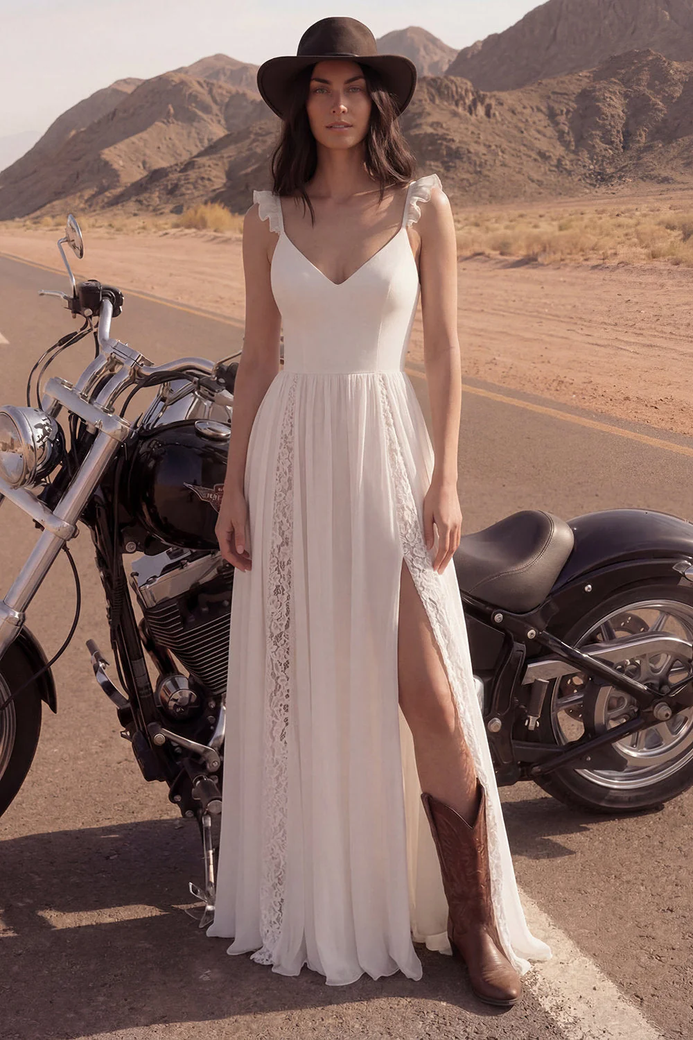 Ivoire à col en V A Line A Lace Beach Longue robe de mariée avec fente