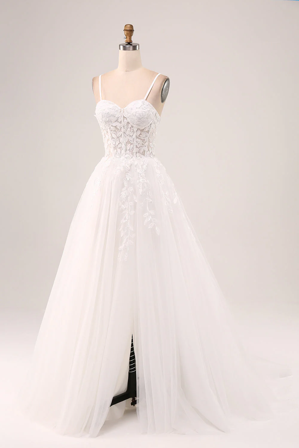 Ivoire A-ligne Spaghetti Bretelles Corset Dentelle Tulle Longue Robe De Mariée - Image 3