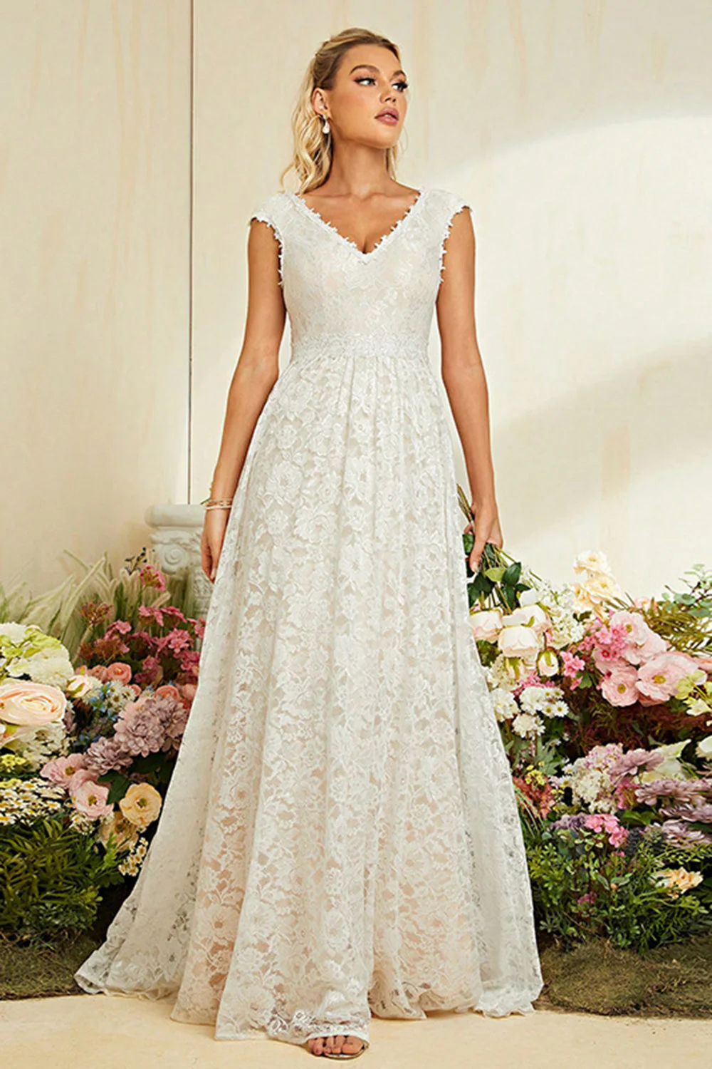 Ivoire Abricot Cap Manches Une Ligne Dentelle Longue Robe de mariée - Image 3