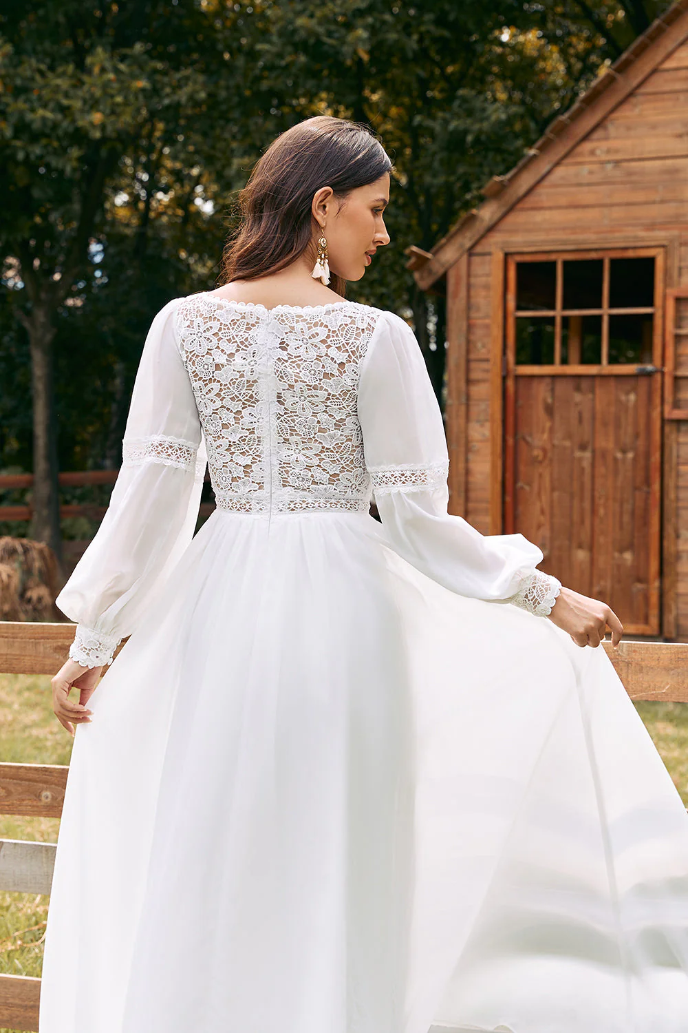 Ivoire Bateau en mousseline de soie longue robe de mariée Boho avec dentelle - Image 5