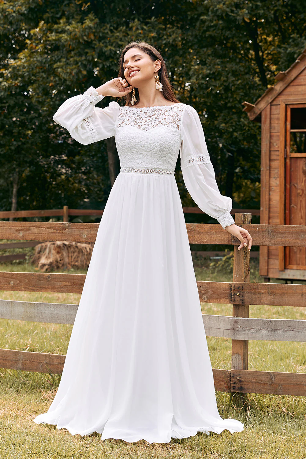 Ivoire Bateau en mousseline de soie longue robe de mariée Boho avec dentelle - Image 6
