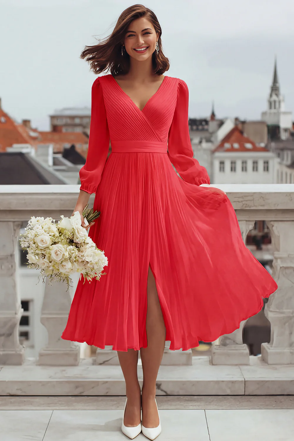 Robe de mariée ivoire coupe A à col V pour cérémonie civile avec fente - Image 12