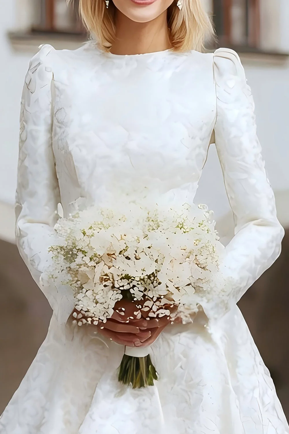 Ivoire col rond jacquard une ligne robe de mariée au palais de justice - Image 3